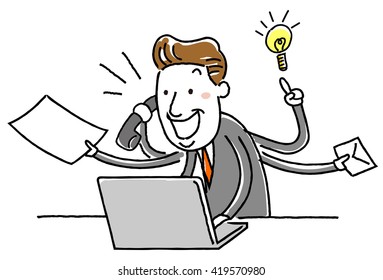Illustration material: middle-aged businessman multitasking personal computer
