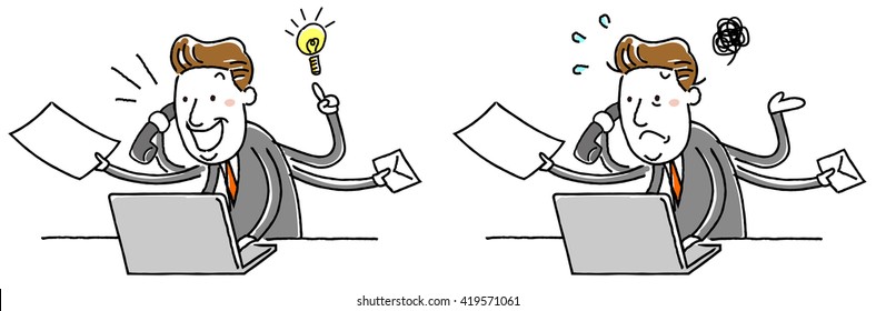 Illustration material: middle-aged businessman multitasking busy personal computer