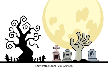 Illustration material of a moonlit haunted tree and a zombie hand coming out of a grave.