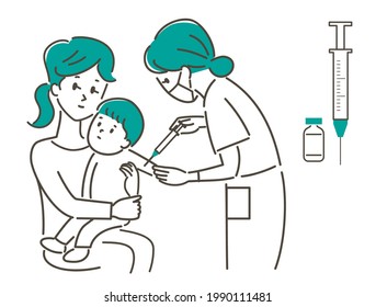Illustration material of mother and nurse holding a child to inject