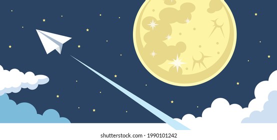Illustration material of night sky, moon and paper plane