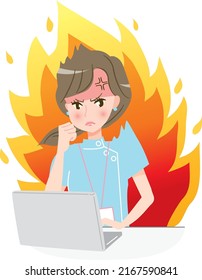 Illustration material of a nurse angry at a computer screen and a speech bubble