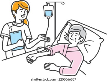 Illustrationsmaterial einer Krankenschwester, die den Zustand eines Patienten überprüft