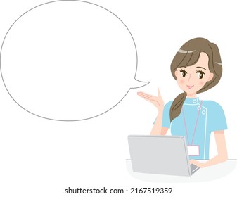 Illustration material of a nurse explaining with a smile and speech bubbles