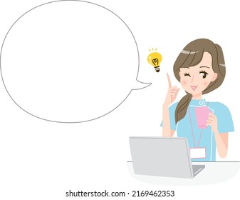 Illustration material of a nurse explaining with a smile and speech bubbles