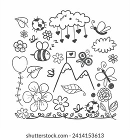 Illustration material for objects and animals in the garden or park using black outline drawing techniques