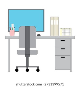 Material de ilustración de un escritorio de oficina con una computadora