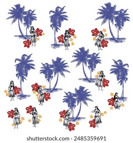 Illustration material of palm trees and hula dancers,