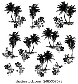 Illustration material of palm trees and hula dancers,