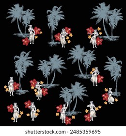 Illustration material of palm trees and hula dancers,