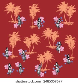 Illustration material of palm trees and hula dancers,