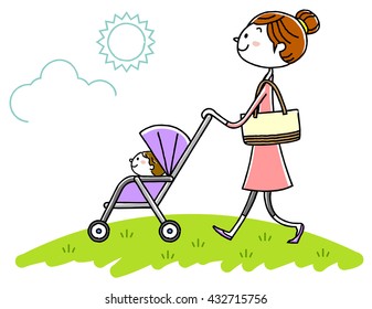 Illustration material: parent child stroller go out