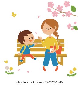 Illustration material of parent and child watching cherry blossoms