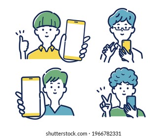 Illustration material of the pose of a men holding a smartphone