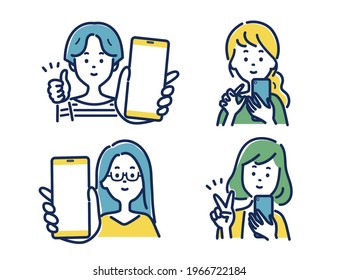 Illustration material the pose women holding smartphone