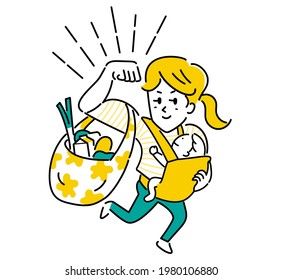Illustration material of a powerful mother shopping while holding a baby