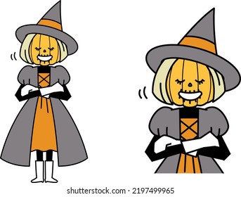 Illustration material of pumpkin witch nodding with arms folded