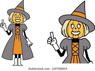 Illustration material of pumpkin witch who is raising the index finger
