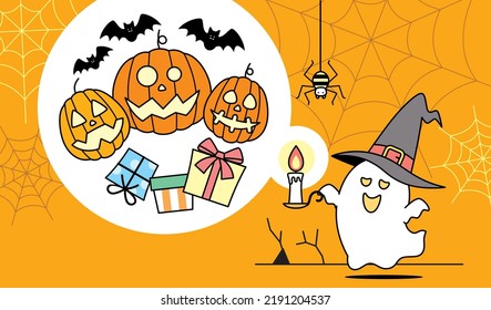 
Illustration material of pumpkins, presents and bats illuminated by ghosts holding candles.