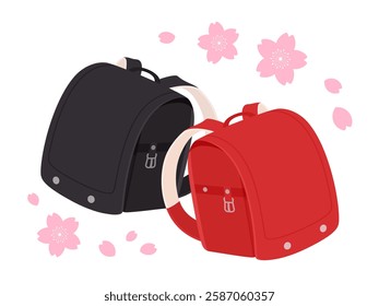 Illustration material of red and black school bags and cherry blossoms