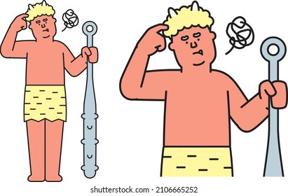 Illustration material of red demon holding a gold stick who is worried while scratching his head