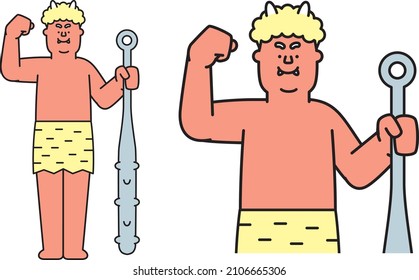 Illustration material of red demon holding a gold stick doing Guts pose