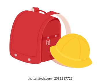 Illustration material of a red school bag and a yellow hat