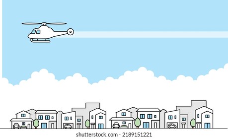 Illustration material of a residential area and a helicopter flying in the sky.