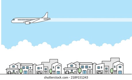 Illustration material of a residential area and a passenger plane flying in the sky.