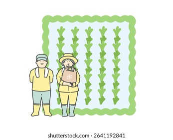 Illustration material of rice field and elderly farmer