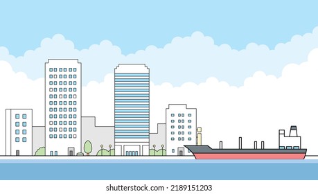 Illustration material of the sea, cityscape and crude oil tanker ship.