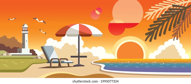 Material de ilustración del mar, el faro y la tumbona de playa