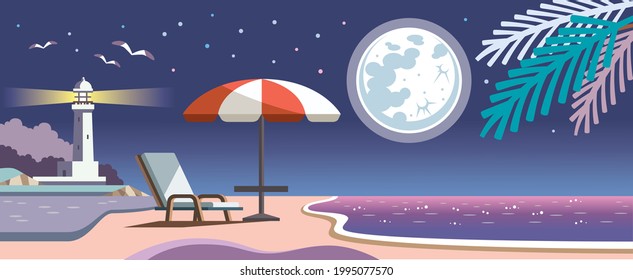 Illustration material of the sea, the lighthouse and the beach chair