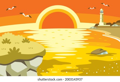Illustrationsmaterial aus Meer, Leuchtturm, Klippe und Sonnenuntergang