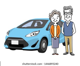 Illustration material: senior couple and car