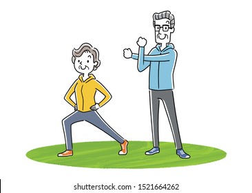 Illustration material: senior couple doing exercise, sports, gymnastics