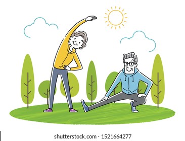 Illustration material: senior couple doing exercise, sports, gymnastics