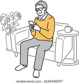 Illustration material of a senior man relaxing on a sofa and operating his mobile phone - Powered by Shutterstock - Get 15% off with code: PIKWIZARD15