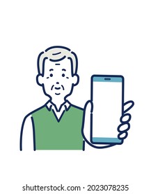 Illustration material of a senior man showing the screen of a smartphone