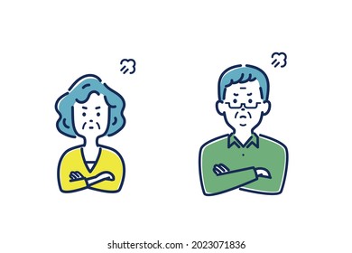 Illustration material of senior man and woman who are angry with their arms folded