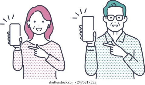 Material de ilustración de un hombre y una mujer mayores mostrando y apuntando a sus teléfonos inteligentes