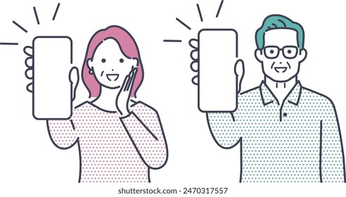 Illustration material of a senior man and woman holding up a smartphone