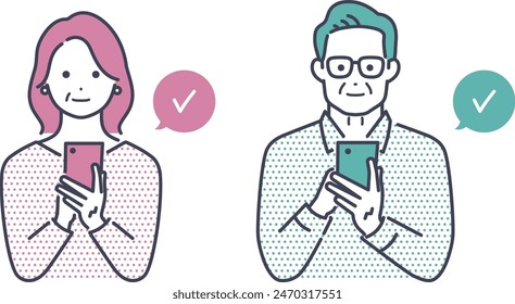 Illustration material of senior men and women operating smartphones