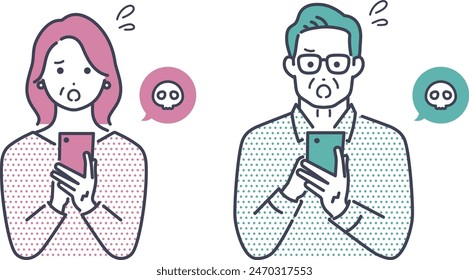 Illustration material of senior men and women operating smartphones