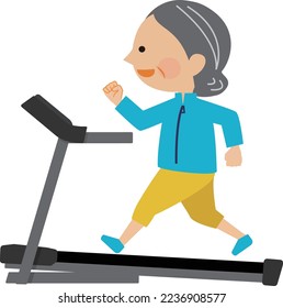 Illustration material of a senior woman exercising on a running machine