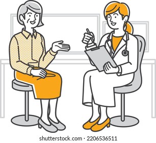 Illustration material of a senior woman receiving a medical examination by a female doctor