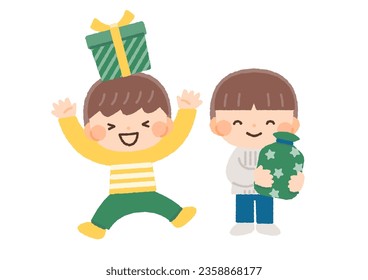 Illustration material set of a boy who is pleased to receive a Christmas gift