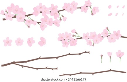 Illustration material set of cherry blossoms and branches.