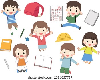 Illustration material set of children studying