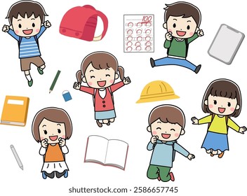 Illustration material set of children studying